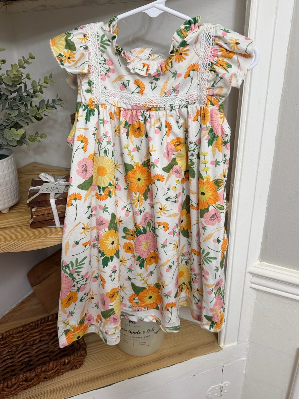 Girls Floral Ruffle Dress in White with Yellow & Pink Flowers